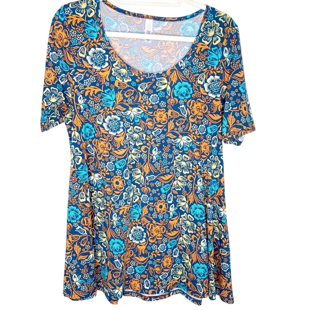 LuLaRoe Blue Orange Floral Perfect Tee Top Shirt Small